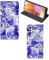 Smartphone Hoesje Geschikt voor Samsung Galaxy A32 5G Enterprise Editie | Geschikt voor Samsung A32 4G Book Style Case Angel Skull Blue