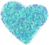 Pastel Groen Blauwe Paillette Hart Strijk Embleem Patch 7 cm / 7 cm / Blauw