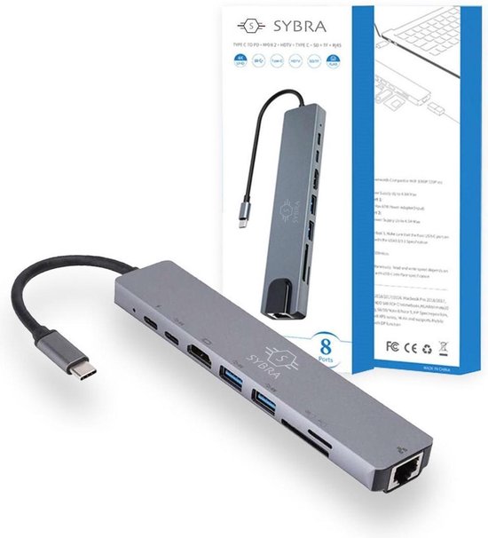 Sybra® USB C Dock - 8 in 1 - USB 3.0 - Ethernet/RJ45 - Thunderbolt 3 - HDMI kabel - TF/SD - Docking station