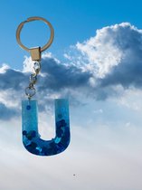 Epoxy letter sleutel- of tassenhanger U, glitter blauw