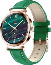 Belesy® CHIQUE - Smartwatch Dames - Horloge - 1.3 inch - Kleurenscherm - Stappenteller - Bloeddruk - Hartslag - 25 Wijzerplaten – Sporten - Goud – Leer - Groen