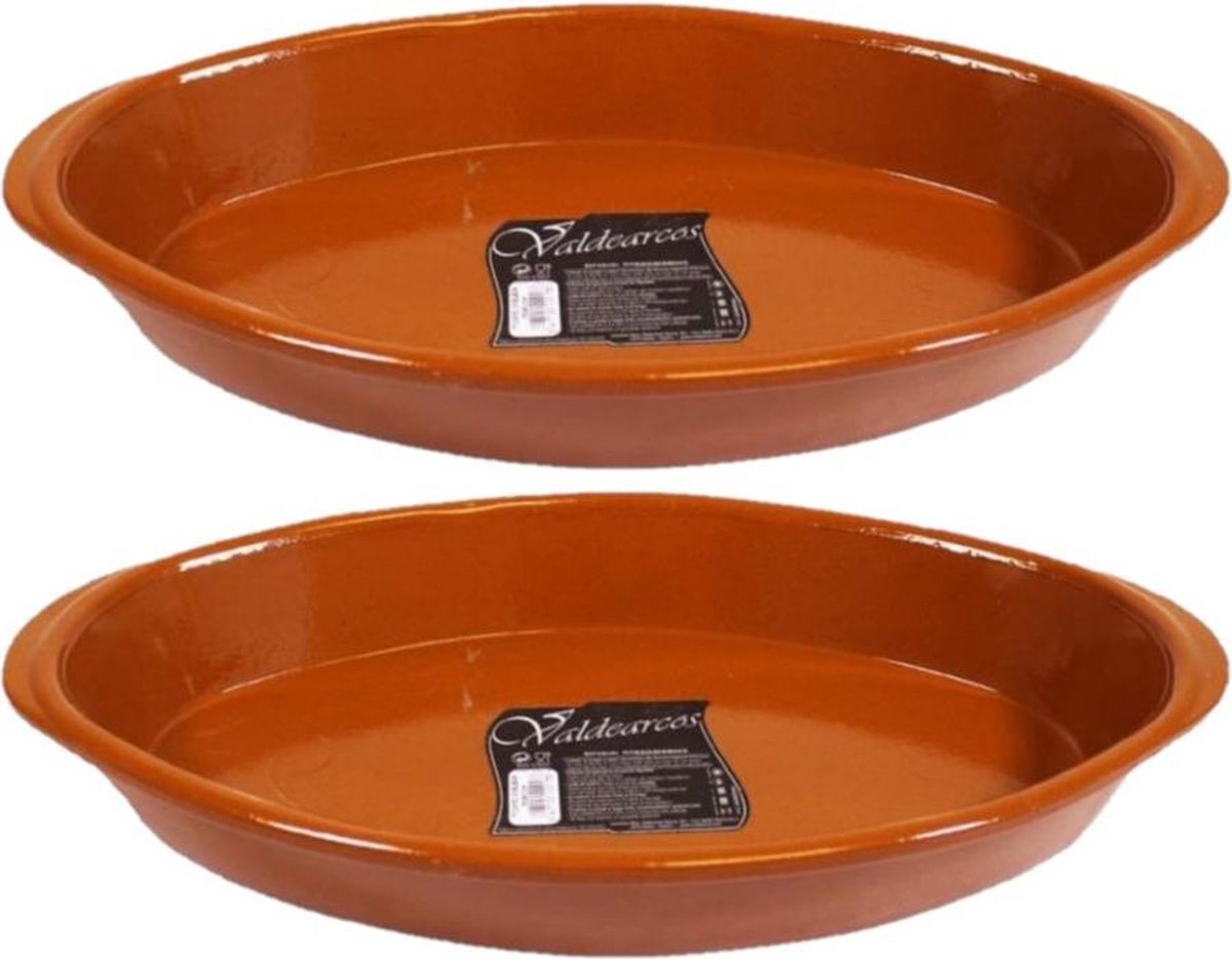 Set van 2x stuks tapas ovenschalen/serveerschalen ovaal terracotta Fontein 5 liter - Tapas serveerschalen/borden/ovenschalen