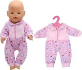 Dolldreams - Onesie/Pyama voor babypop, geschikt voor poppen van 40-45 cm - Roze pyjama/romper geschikt voor baby born