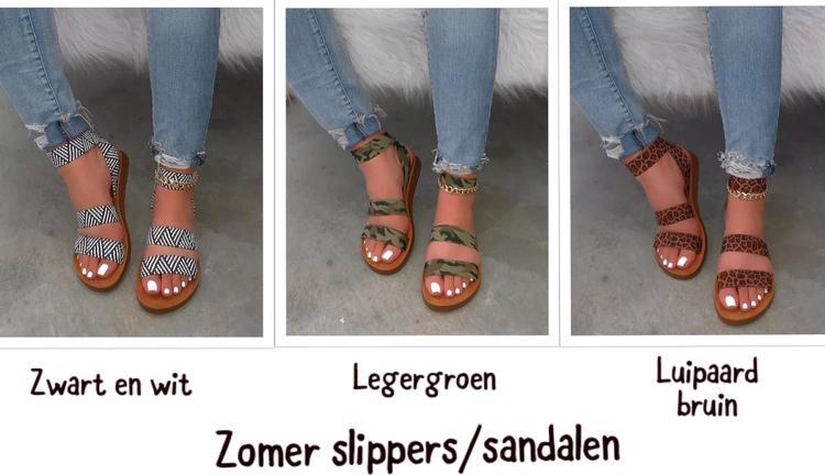 Zomer Slippers/sandalen lopen super lekker damesschoenen dames fashion 2021 : legergroen/luipaard bruin/zwart en wit