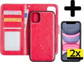 Hoes voor iPhone 11 Hoesje Case Uitneembaar Met 2x Screenprotector - Hoes voor iPhone 11 Bookcase Hoes Wallet Case Met 2x Screenprotector - Donker Roze