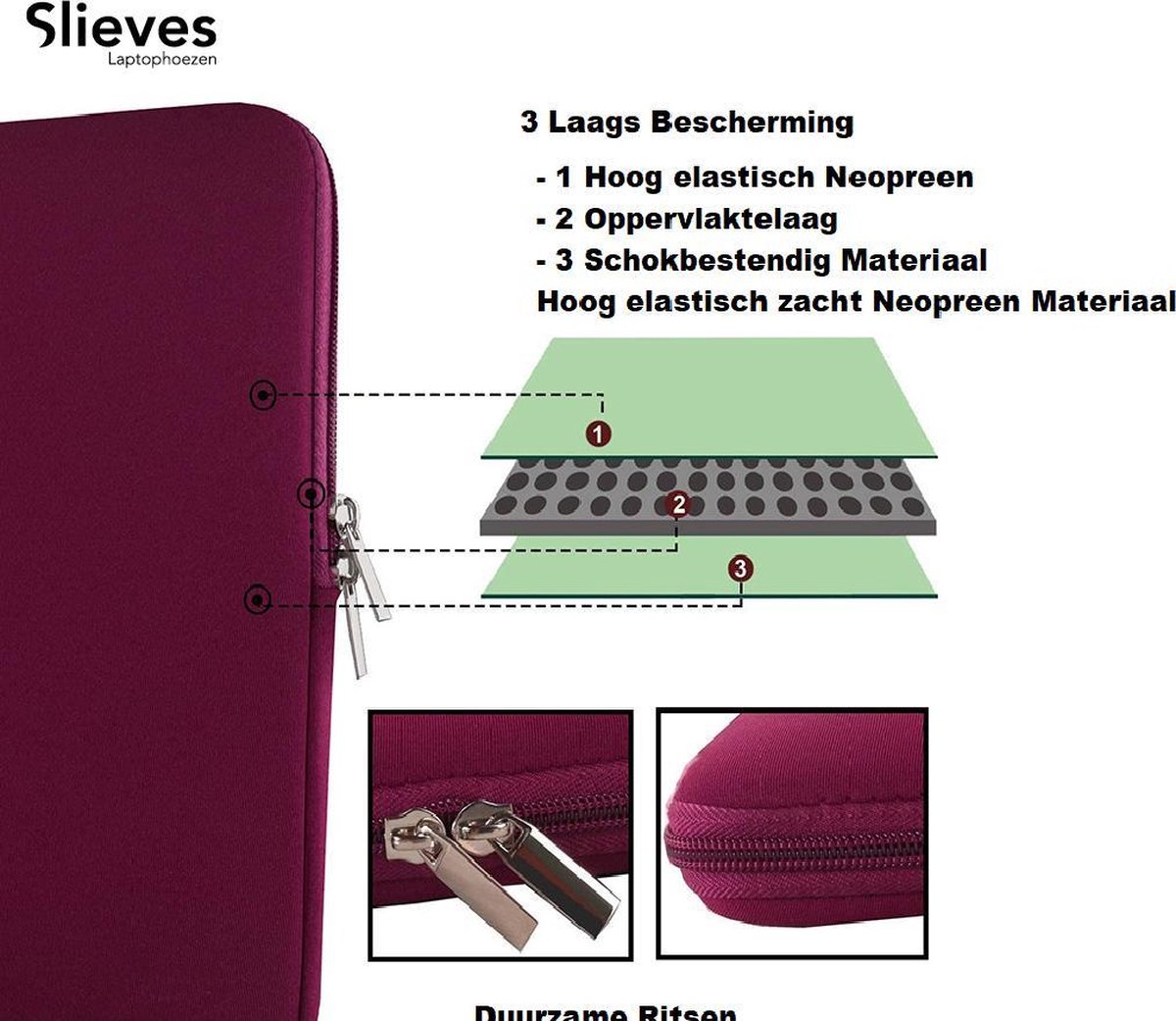 Slieves Laptophoes 15 6 inch - Laptop hoes Met Extra Vak Bordeaux Rood Neopreen - Schokbestendig - Krasbestendig - Laptoptas - Laptop sleeve Rood - Laptop case - Laptop cover - Laptophoes 15 inch - Laptop tas 15/15,6 inch — afbeelding 7