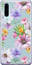 Huawei P30 hoesje - Mint bloemen - Siliconen - Soft Case Telefoonhoesje - Bloemen - Blauw
