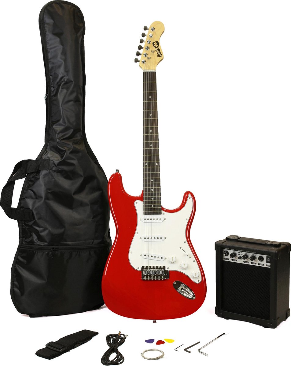 RockJam elektrische gitaarset met 10 watt versterker, riem, plectrums en snoer - Rood