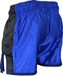 Achterkant van een blauwe vechtsportbroek met zwarte zijkanten.
