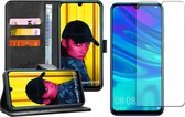 Huawei P Smart 2019 Case et Huawei P Smart 2019 Screenprotector - Huawei P Smart 2019 Case Book Case Leather Wallet Black + Screen Protector Glass