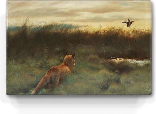 Renard et canard - Bruno Liljefors - 30 x 19,5 cm - Indiscernable d'une véritable peinture sur bois à exposer ou à accrocher - Impression laque.