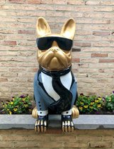 Franse French bulldog 80 cm hoog - hond - dog - goud -kostuum - maatpak - zonnebril - polyester - polyresin - polystone - hoogkwalitatieve kunststof - decoratiefiguur - interieur -