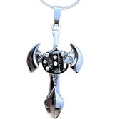 Stoer edelstaal hanger kruis met hamer en sikkel afgezet met strass in zilver/ metallic grijs kleur.