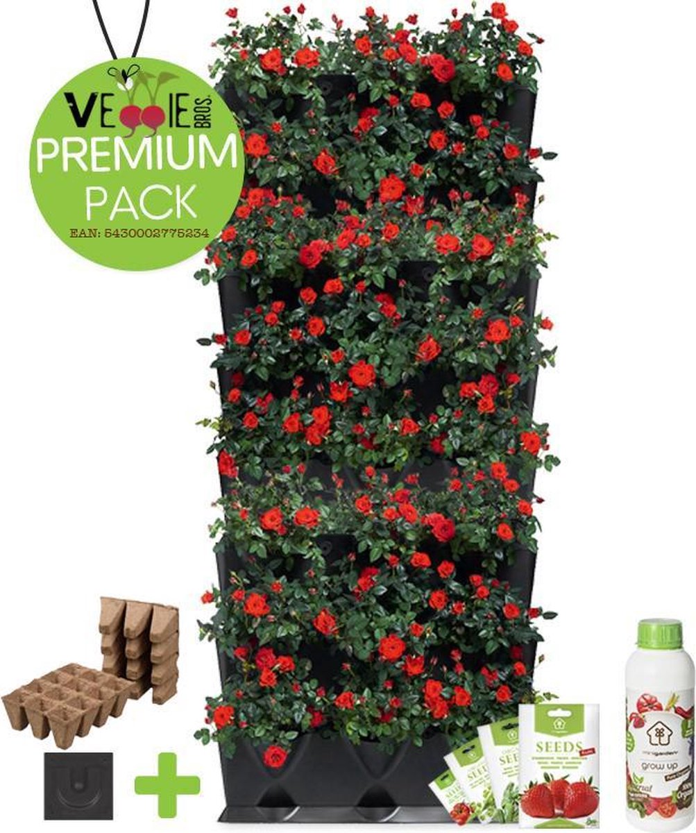 Minigarden® Vertical Kitchen Garden - verticale tuin - verticaal tuinieren - PREMIUM PACK met verankeringclips, irrigatie microdripbuizen, vloeibare voedingsstof, inclusief 4 vruchtenzaden & 24 zaaipotjes - ZWART