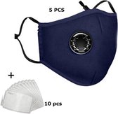 5 pack mondmasker - mondkapje met ademfilter blauw - complete set
