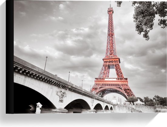 Canvas  - Rode Eiffeltoren in Zwart/Wit Parijs - 40x30cm Foto op Canvas Schilderij (Wanddecoratie op Canvas)