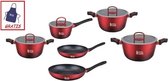 Royal Swiss - Ensemble de casseroles 11 pièces - Grès - Pour tous types de feux - Couvercle en Verres - Convient au four - Sans PFAS + TABLIER GRATUIT - Rouge