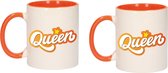 2x stuks Koningsdag Queen met kroontje beker / mok - oranje met wit - 300 ml