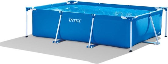Blauw rechthoekig Intex frame zwembad van 300 x 200 x 75 cm met witte steunen.