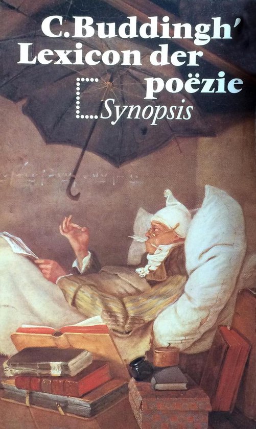 C. Buddingh' Lexicon der poëzie Synopsis. Een man met een muts ligt in bed onder een paraplu, lezend in een boek. Gestapelde boeken liggen op de grond.