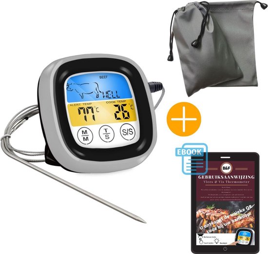 B&f digitale bbq thermometer + opbergzak & gebruiksaanwijzing- touchscreen - kernthermometer - vleesthermometer - kookwekker