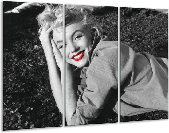 Glasschilderij Marilyn Monroe - Zwart, Wit, Rood - 120x80cm 3Luik - Foto Op Glas - Geen Acrylglas Schilderij - GroepArt 6000+ Glas Art Collectie - Maatwerk Mogelijk