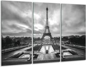 Glasschilderij Parijs, Eiffeltoren - Zwart, Wit, Grijs - 120x80cm 3Luik - Foto Op Glas - Geen Acrylglas Schilderij - GroepArt 6000+ Glas Art Collectie - Maatwerk Mogelijk