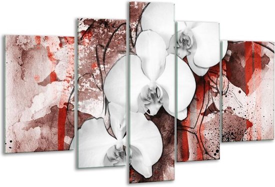 Glasschilderij Orchidee - Wit, Rood - 170x100cm 5Luik - Foto Op Glas - Geen Acrylglas Schilderij - 6000+ Glasschilderijen Collectie - Wanddecoratie