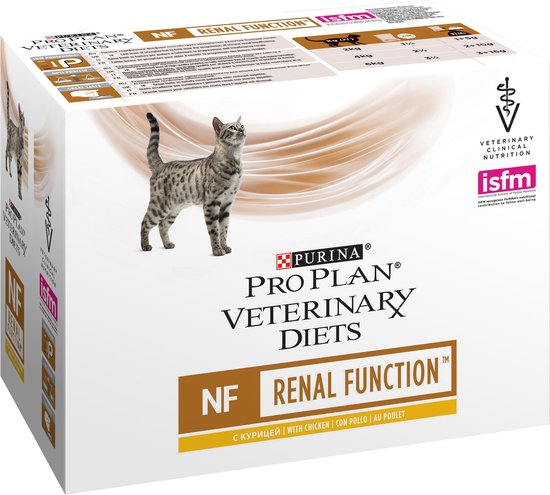 Purina Pro Plan Veterinary Diets NF Renal Function, met kip. Grijze cyperse kat staand. ISFM en dierenartsenlogo.