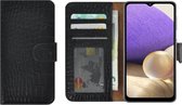 Hoesje Samsung Galaxy A31 - Bookcase - Samsung A31 Hoesje Book Case Wallet Echt Leer Croco Zwart Cover