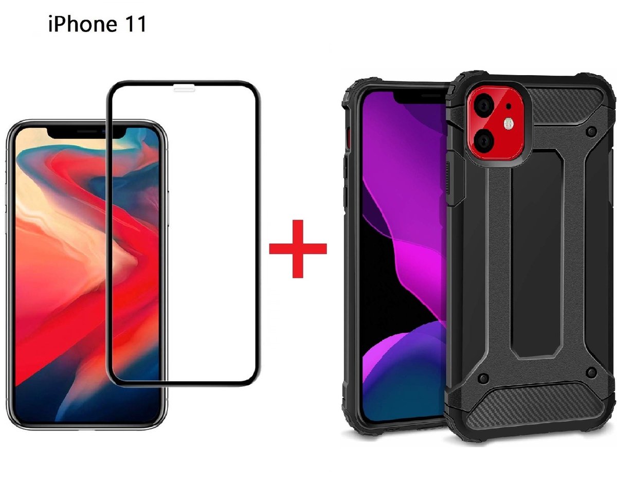 Hoesje Geschikt voor iPhone 11 Screen Protecter Zwart + Armor Hoesje