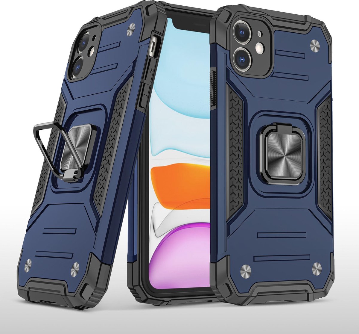 Hoesje Geschikt voor iPhone 11 - Heavy Duty Armor hoesje Met Kickstand ringhouder Blauw