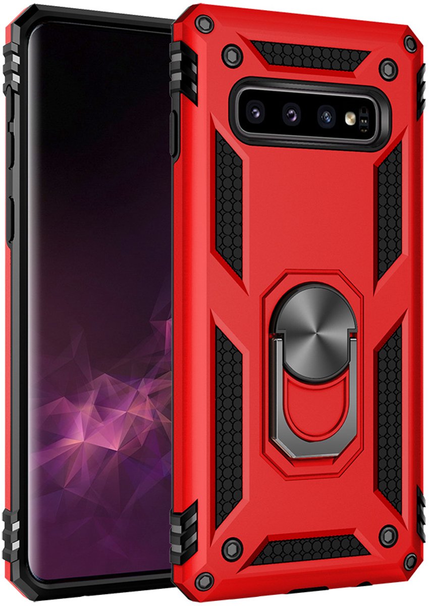 Hoesje Geschikt Voor Samsung Galaxy S10+ Armor Hoesje Ringhouder TPU - Rood