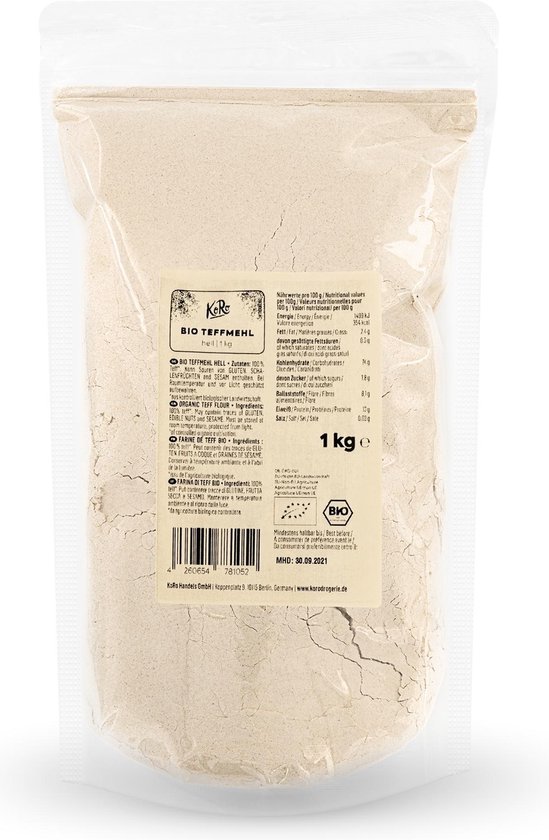 1 kg zak bio teffmeel licht met ingrediëntenlijst en keurmerken.