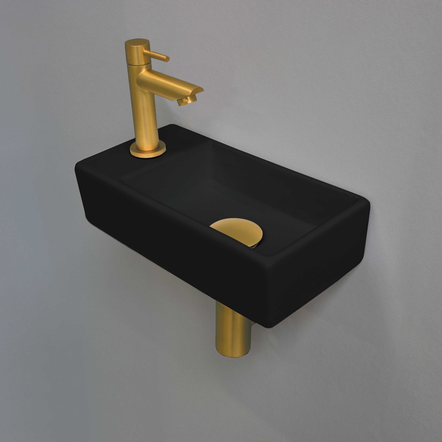 Fonteinset INK Versus 36x18x9cm Porselein Mat Zwart Met Kraangat Links Brushed Mat Goud