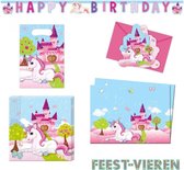 Unicorn verjaardag pakket uitnodigingen, Happy Birthday slinger, tafelkleed, servetten en uitdeelzakjes