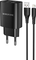 HOCO BN2 Super Fast - Universele 2-Poort USB Oplader + Lightning Kabel - 5V/2.1A 10W - Voor iPhone en Android Smartphones - Zwart