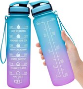 Mundo Drinkfles - 1 Liter - Waterfles - Lekvrij - Sport Bidon - Met Rietje - Met Motivatie Tekst - Roze Blauw - Bekend van TikTok en Instagram