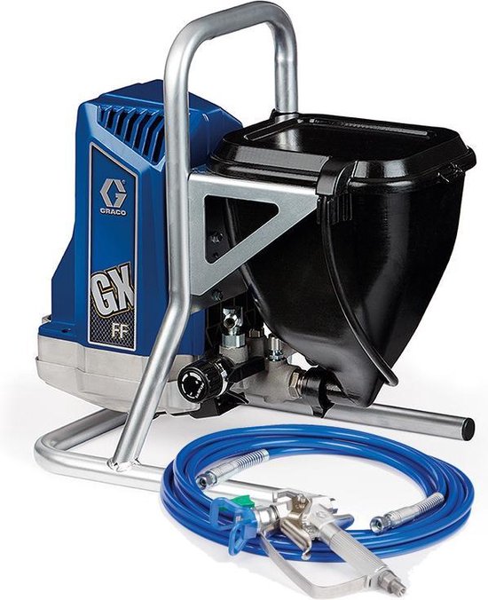 Graco GX FF airless verfspuit met blauwe slang en spuitpistool.