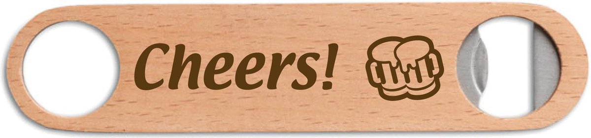 Gegraveerde bieropener/flesopener met de tekst Cheers