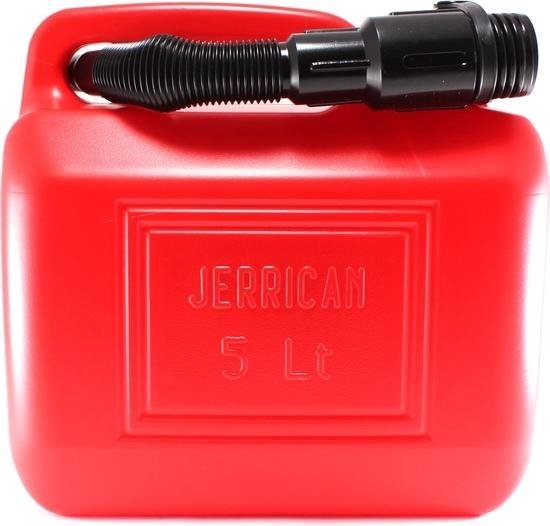 Rode 5 liter 'JERRICAN' benzine jerrycan. Zwarte schenktuit meegeleverd.