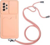 Voor Samsung Galaxy A52 Sliding Camera Cover Design TPU Beschermhoes met Card Slot & Neck Lanyard (roze)