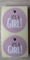 Wensetiket It's a Girl - Cadeausticker  - Geboorte sticker - Sluitsticker  - roze/wit met zwart hartje - rond - 40mm - 10 stuks