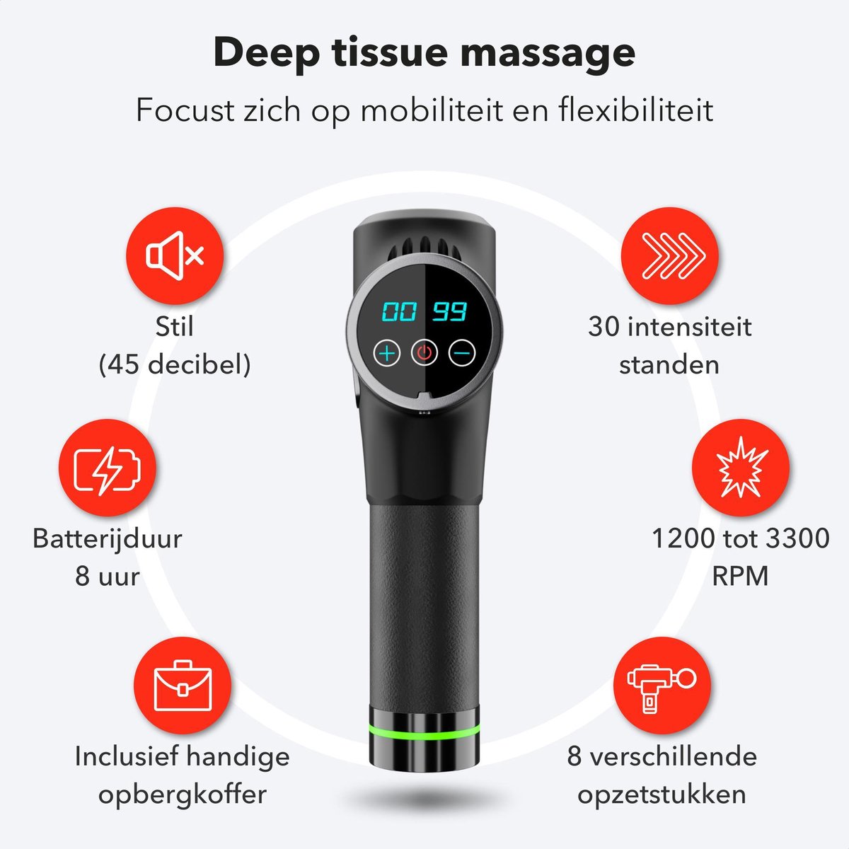 Afbeelding 3 van UITVERKOOP! - Refectio® - Professioneel Massage Gun - Gratis opbergkoffer - 30 intensiteit standen - 8 opzetstukken - 1200 t/m 3300 RPM Massage Pistool - Klopmassage & Compressie Massage