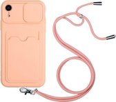 Sliding Camera Cover Design TPU-beschermhoes met kaartsleuf en nekkoord voor iPhone XR (roze)