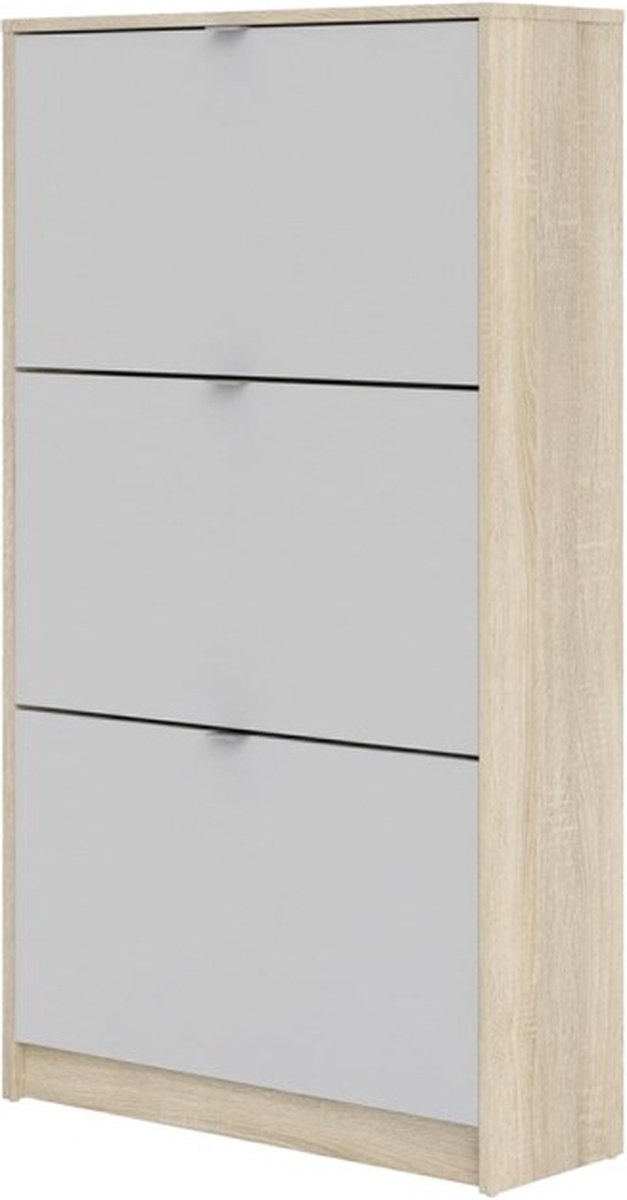 Shane schoenenkast 3 klapdeuren 2R eikenstructuur decor, wit.