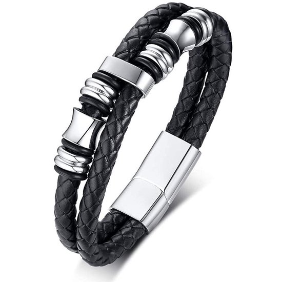 Victorious Leren Armband Heren – RVS Roestvrijstaal Sluiting – Zwart/Zilver – 21.5cm