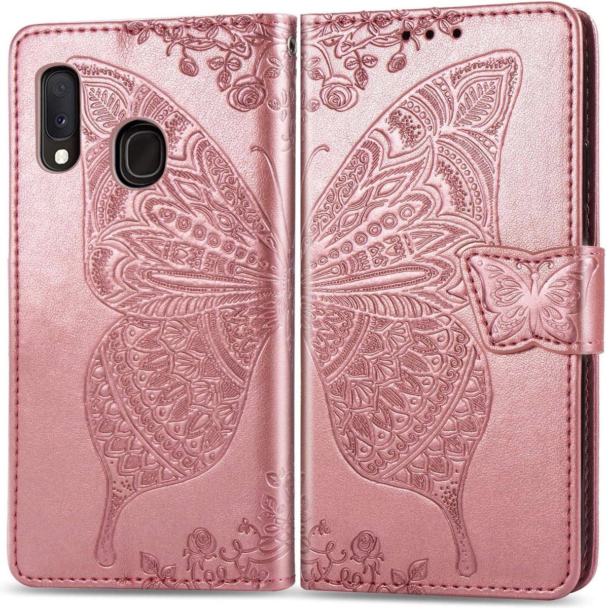 Geschikt voor Samsung Galaxy A40 Bookcase - Roze - Vlinders - Portemonnee Hoesje