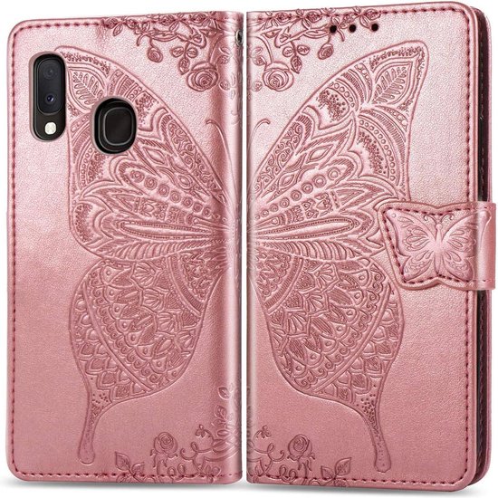 Étui de téléphone rose avec un grand papillon et un relief floral, double fermeture magnétique.