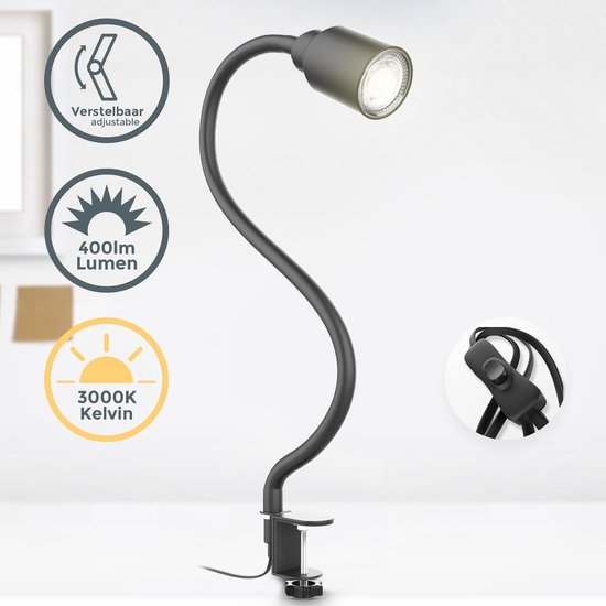 B.K.Licht - Zwarte Klemlamp - bureaulamp met GU10 lichtbron - 3.000K |  bol.com